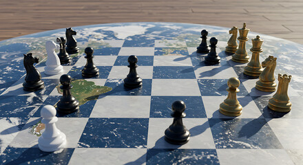 A round bluewhite checkered chessboard sits on a wooden floor, with black and white pieces scattered