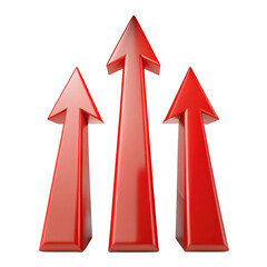Three shiny red arrows pointing upward illustrating progress growth direction and success on a dark surface transparent background