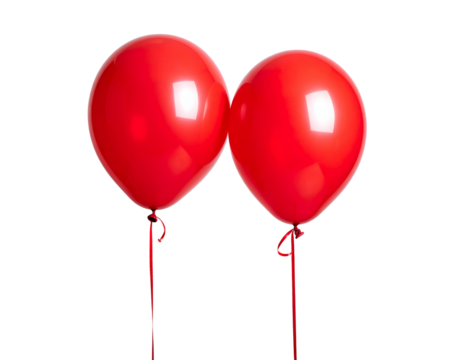 Two glossy red balloons with strings on black background