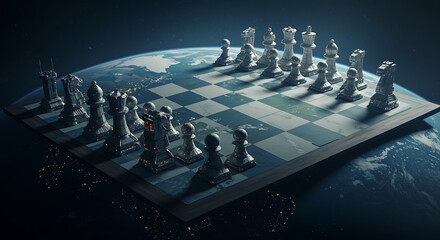 A floating chessboard orbits Earth, illuminated pieces poised for battle among distant stars above!!