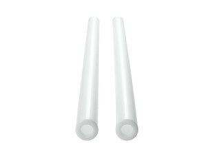 Two tapered white tubes, smooth, glossy, against dark background