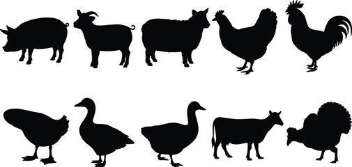 Farm animal silhouettes, pig goat sheep hen rooster duck goose swan cow turkey, black icons, livestock shapes, rural illustration