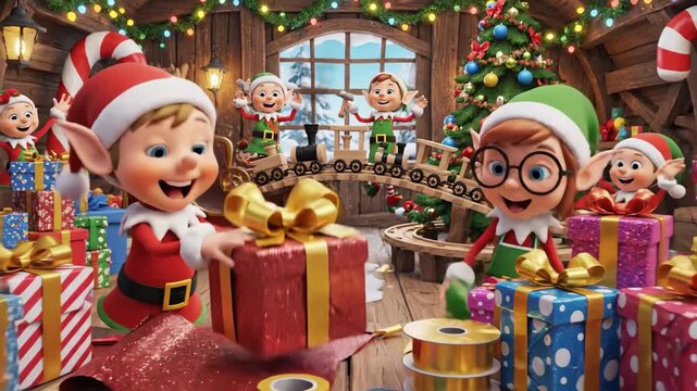 Charming Christmas Animation: Elves Wrapping Festive Gifts in Cozy Workshop Scene