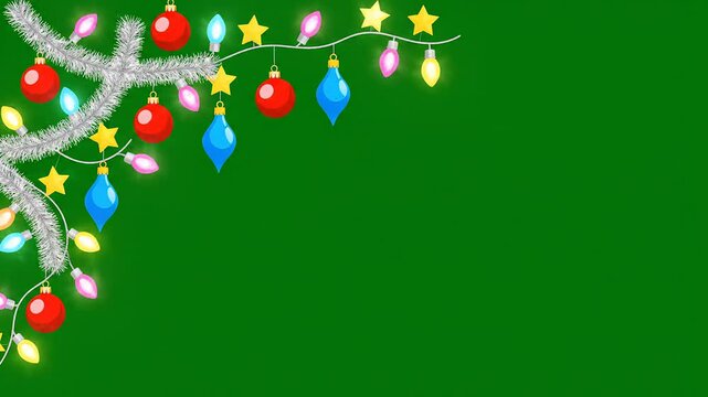 Festive animated christmas baubles string lights tinsel corner decoration frame green screen background video footage seasonal marketing promotion