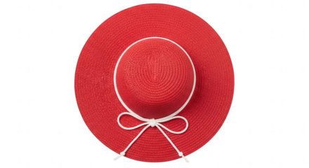 Vibrant red wide-brimmed straw sun hat with stylish white string bow, overhead view