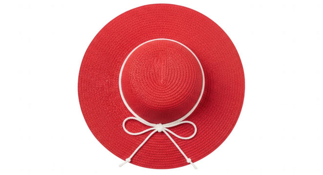 Vibrant red wide-brimmed straw sun hat with stylish white string bow, overhead view