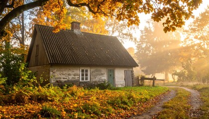 A charming, old stone cottage nestled amidst vibrant autumn foliage, with a winding road beckoning. Golden sunlight streams through the trees