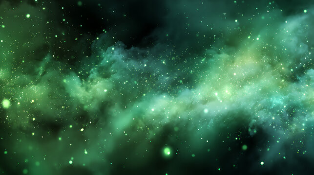 Swirling green cosmic clouds with glowing particles nebula space - Powered by Adobe