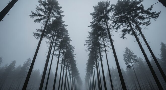 Tall trees in a foggy forest, a serene landscape. - Powered by Adobe
