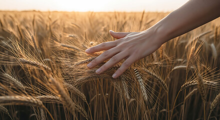 Minimalist Fine Art Hand Touching Wheat Field at Soft Sunset with Textured Motion Focus