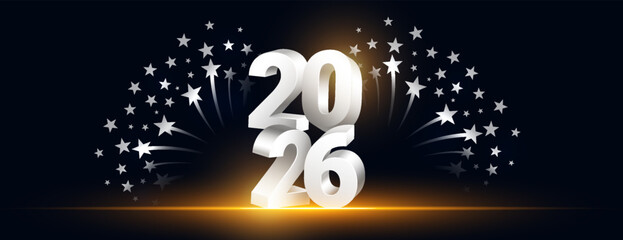 3d style silver 2026 lettering new year banner sparkling star