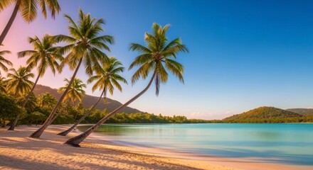 Tropical paradise beach with palm trees and turquoise ocean at sunset.
