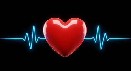 Glossy red heart centered on a black background, with a vivid neon heartbeat line.. Neon blue glows
