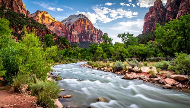 A majestic landscape with a flowing river winding through a canyon. Towering rock formations stand tall in the background