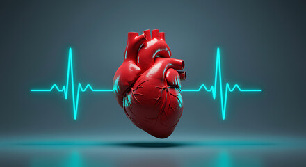 A glossy red heart floats midair with a cyan neon heartbeat line against a dark reflective backdrop