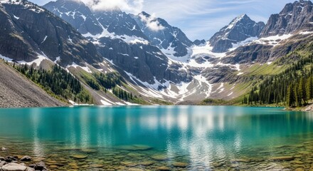 Turquoise Lake Reflecting Snow-Capped Mountains in a Serene Landscape.