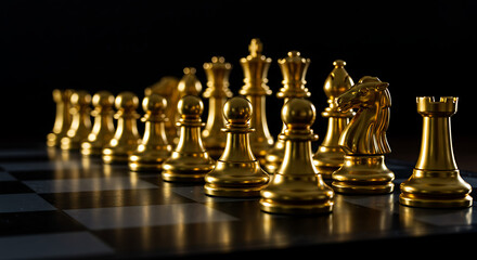 Row of gleaming gold chess pieces aligned on a dark, glossy chessboard, dramatic spotlight, silent.!
