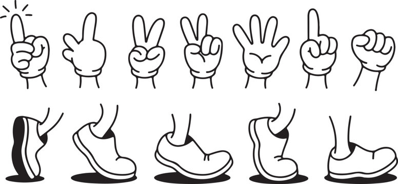 Cartoon hands showing various gestures and cartoon feet wearing simple shoes create a whimsical illustration