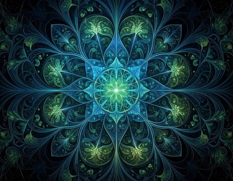 A mesmerizing, symmetrical fractal pattern in teal, blue, and green. Intricate details form a floral, star-like design. Dark background