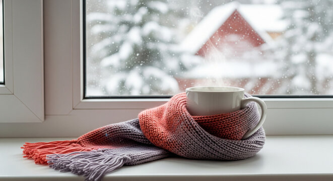 A cozy coffee cup rests on a windowsill with a colorful scarf, overlooking a snowy scene with a red house in the background.
