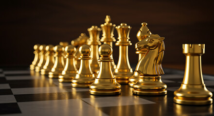Row of gleaming gold chess pieces lined on a checkerboard, warm glow, dramatic soft focus, golden..!