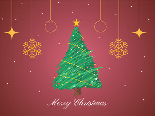 Merry christmas card template, christmas tree and ornament decoration