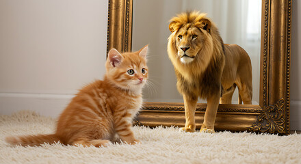 A curious orange tabby kitten sits on a fluffy rug, gazing at golden lion statue within a frame edge
