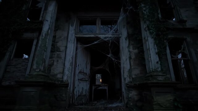 Eerie Abandoned Mansion Entrance Dark Decaying Facade with Ominous Shadows and Broken Doors.