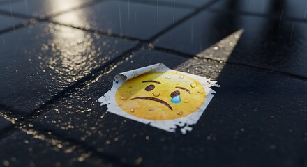 A wet, reflective tiled surface with a sad emoji sticker featuring a tear and a frown, conveying feelings of disappointment or sadness in a minimalistic setting