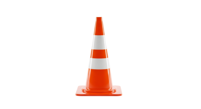 Orange traffic cone with white reflective stripes isolated on a white background