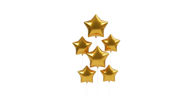Group of shiny golden star shaped balloons arranged vertically isolated on transparent background