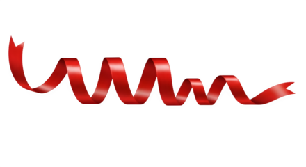 A single flowing red ribbon curled into a spiral shape isolated on transparent background