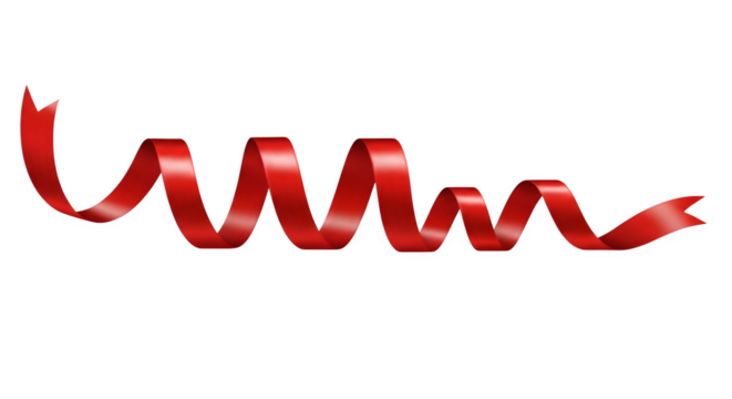 A single flowing red ribbon curled into a spiral shape isolated on transparent background