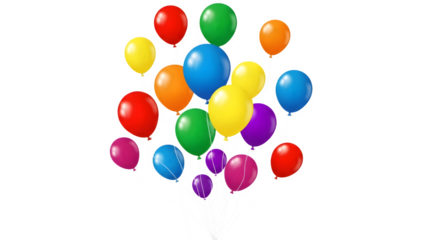 Colorful cluster of party balloons floating upwards isolated on transparent background