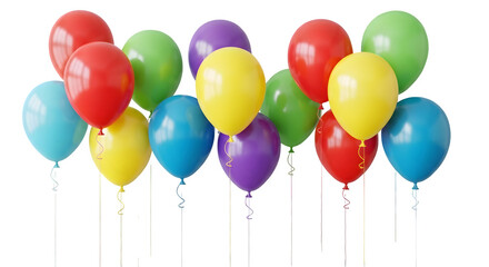Bunch of colorful helium filled balloons floating together isolated on transparent background