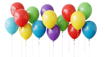 Bunch of colorful helium filled balloons floating together isolated on transparent background