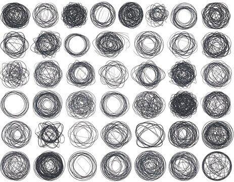 A grid of abstract circular designs, each filled with scribbled lines of varying thickness and density. The overall image is monochromatic