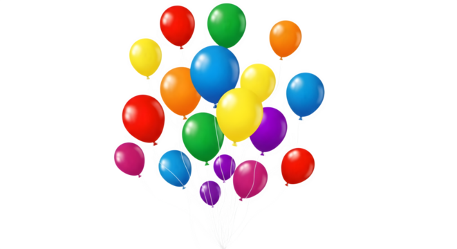 Colorful cluster of party balloons floating upwards isolated on transparent background