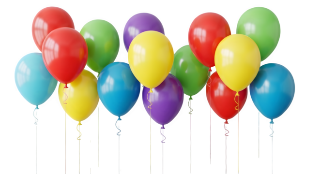 Bunch of colorful helium filled balloons floating together isolated on transparent background