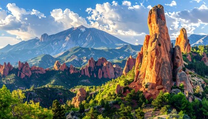 A vibrant landscape showcases towering rock formations bathed in warm sunlight, with majestic mountains and a cloud-dotted sky above lush greenery
