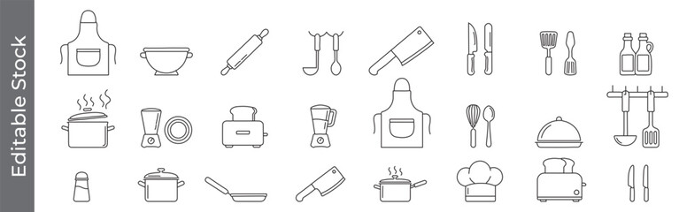 Mega collection of Kitchen tools and chef line icon set – editable outline symbols of apron, knife, pot, pan, blender, toaster, and utensils
