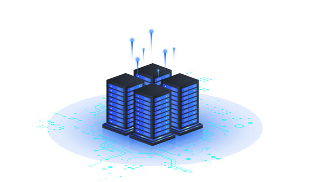 Data center isometric vector illustration. Data Server Center Illustration with Digital Network Connections, computer electronics and AI systems landing page template.