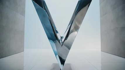 Futuristic Reflective Chrome Letter V Sculpture in a Minimalist Concrete Hallway. - Powered by Adobe