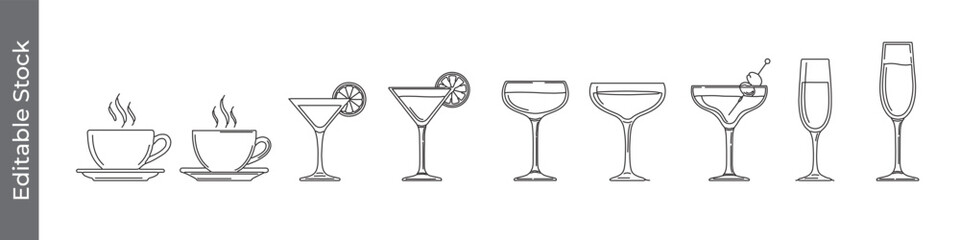 Coffee and cocktail glasses line icon set – editable outline symbols of cup, mug, martini, champagne, and drinkware