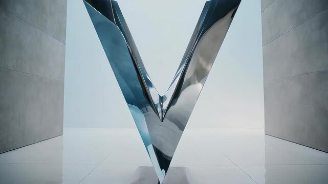 Futuristic Reflective Chrome Letter V Sculpture in a Minimalist Concrete Hallway.