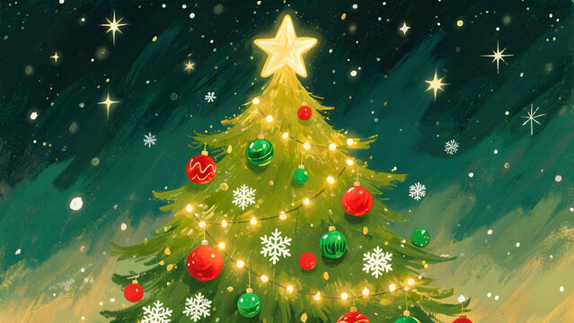 A festive painting of a Christmas tree adorned with lights, ornaments, and a star, set against a starry night sky. Perfect for holiday cards and seasonal designs.