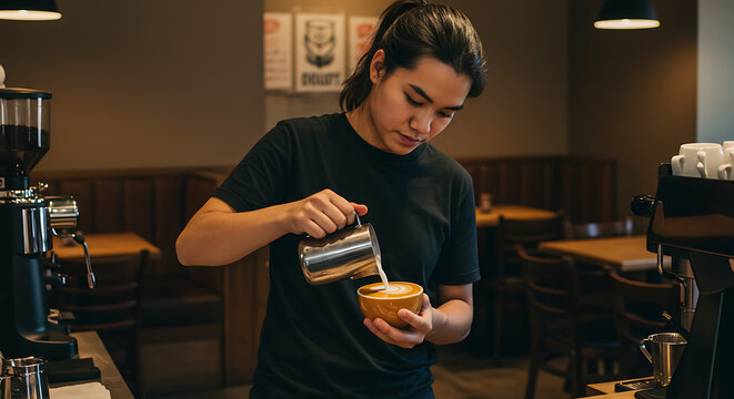 A focused barista pours steamed milk into a cup, in a warm cafe with espresso setup. near cozy glow