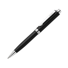 A sleek black ballpoint pen with a silver clip and metallic accents rests on a dark surface transparent background