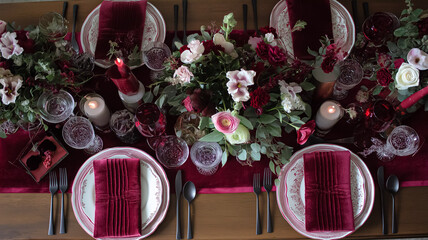 Romantic velvet table setting preparing for an elegant dinner party, featuring a floral centerpiece and candlelight