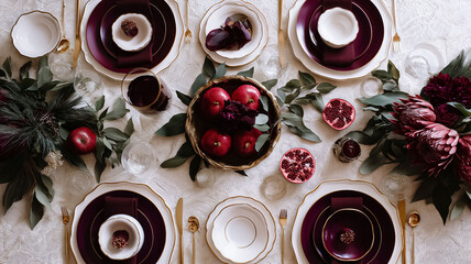 Elegant holiday tablescape with rich burgundy and gold accents, featuring pomegranates, apples, and greenery for festive dining